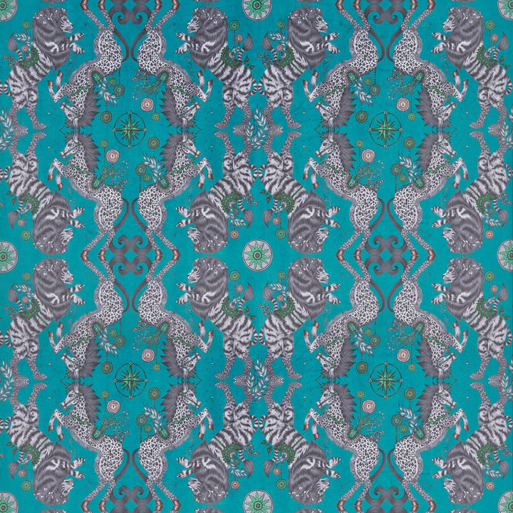 Caspian Velvet Teal by Clarke And Clarke Designer Fabric WILDERIE BY EMMA J SHIPLEY FOR C&C POLYESTER - 100% Spain HEAVY Horizontal: 27 and Vertical: 25.12 55 - Swanky Fabrics -