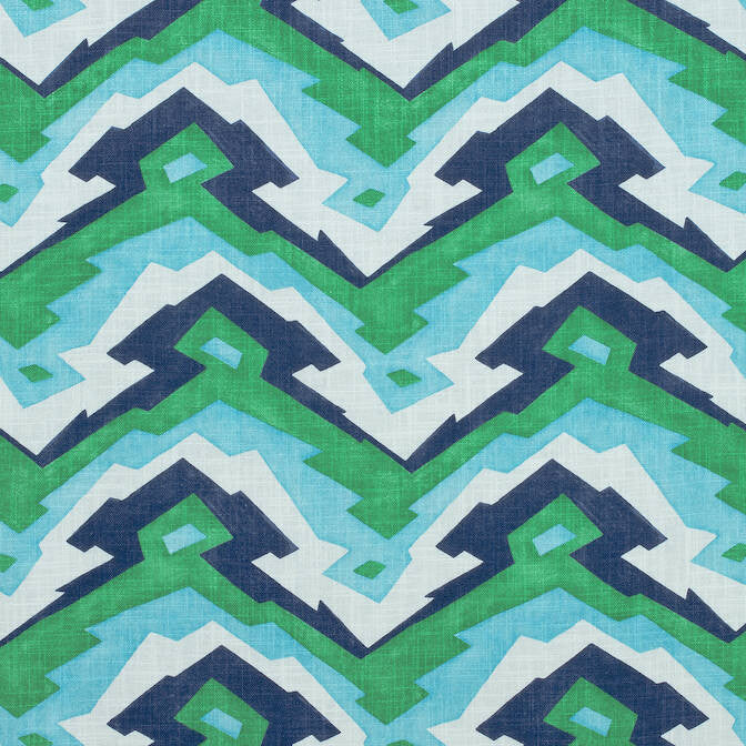 Deco Mountain Blue and Green F913076 by Thibaut Fabric Thibaut Fabric Deco Mountain Blue and Green F913076Fabric Summer House Fabric Book 51% Linen, 49% Viscose THAILAND </p><p>Repeat: V: 13.5 54 - Fabric Carolina -