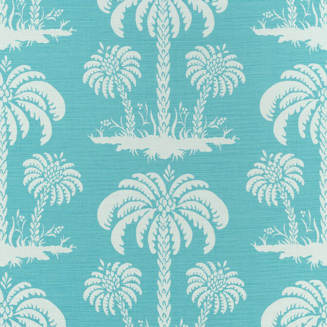 Palm Island Turquoise F913146 by Thibaut Fabric Thibaut Fabric Palm Island Turquoise F913146Fabric Summer House Fabric Book 51% Linen, 49% Cotton U.S.A. </p><p>Repeat: V: 18 54 - Fabric Carolina -