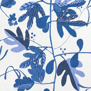Matisse Leaf Blue and White F916211 by Thibaut Fabric