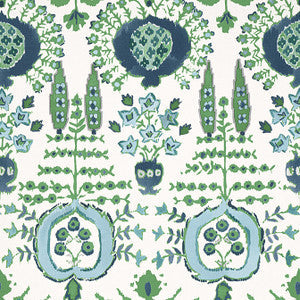 Mendoza Suzani Blue and Green on White F916240 by Thibaut Fabric