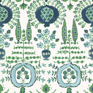 Mendoza Suzani Blue and Green on White F916240 by Thibaut Fabric