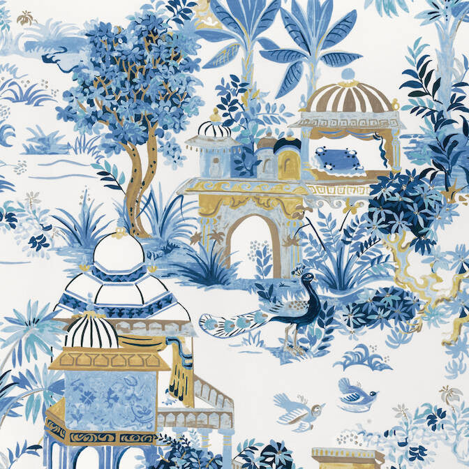 Mystic Garden Blue and White F920821 by Thibaut Fabric Thibaut Fabric Mystic Garden Blue and White F920821Fabric Eden Fabric Book 100% Cotton Sateen UNITED STATES </p><p>Repeat: V: 46 54 - Fabric Carolina -