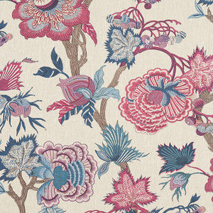 Indienne Jacobean Raspberry and Blue on Natural F936419 by Thibaut Fabric