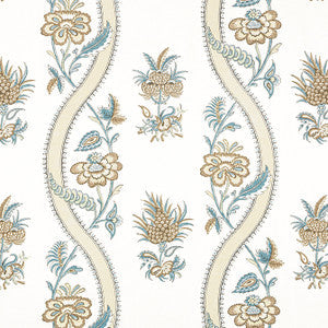 Ribbon Floral Beige and Spa Blue F936425 by Thibaut Fabric