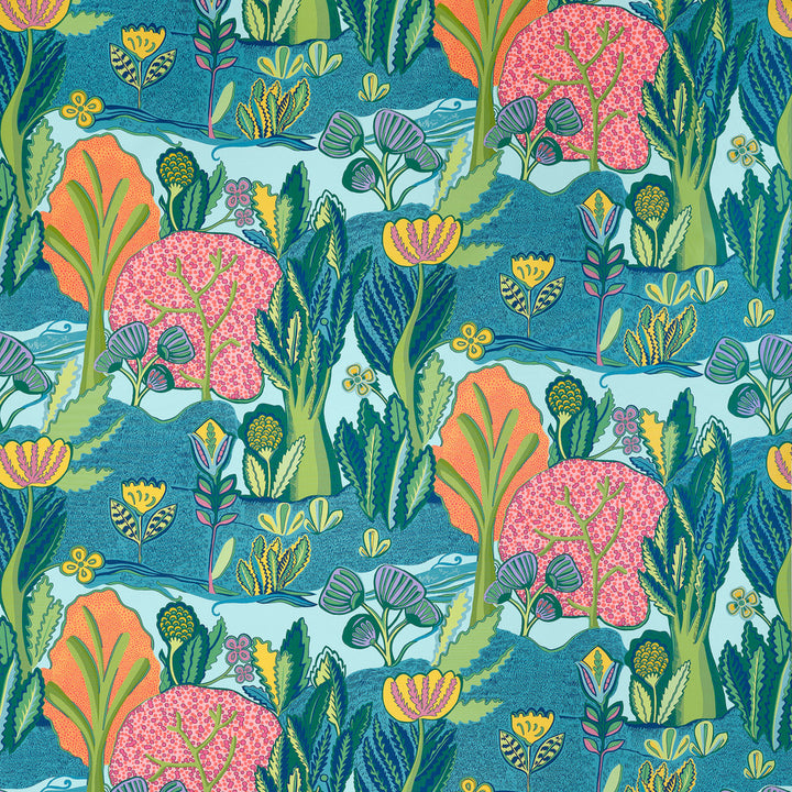 Thibaut Fabric Albero Tangerine and Turquoise F945012 Fabric U.S.A </p><p>Repeat: H: 54  in  (137.16  cm), V: 32.5  (82.55  cm) 54  in  (137.16  cm) - My Fabric Connection -