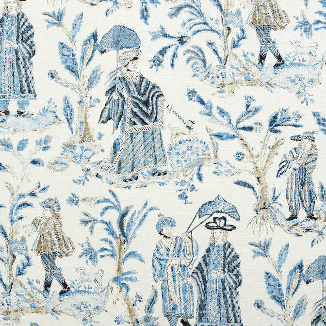 Royale Toile Blue F972573 by Thibaut Fabric Thibaut Fabric Royale Toile Blue F972573Fabric Chestnut Hill Fabric 60% Lin, 20% Cot, 20% Modal THAILAND </p><p>Repeat: V: 36.25 54 - Fabric Carolina -
