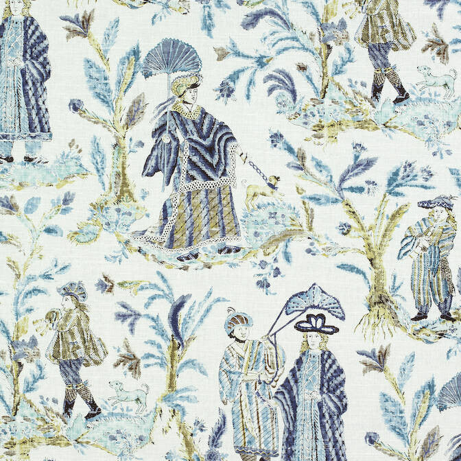 Royale Toile Turquoise and Navy F972574 by Thibaut Fabric Thibaut Fabric Royale Toile Turquoise and Navy F972574Fabric Chestnut Hill Fabric 60% Lin, 20% Cot, 20% Modal THAILAND </p><p>Repeat: V: 36.25 54 - Fabric Carolina -