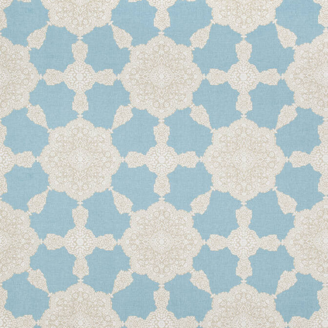 Medallion Paisley Aqua and Beige F988728 by Thibaut Fabric Thibaut Fabric Medallion Paisley Aqua and Beige F988728Fabric Trade Routes Fabric Book 55% Linen, 45% Cotton U.S.A. </p><p>Repeat: V: 27 54 - Fabric Carolina -
