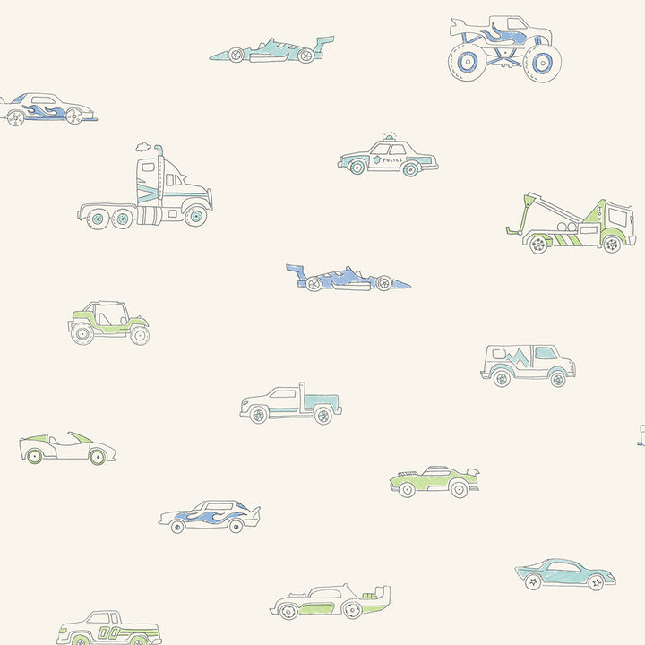 Traffic Jam Blue and Green by Seabrook Wallpaper Playdate Adventure United States 56.05 20.87" 20.5" - Fabric Carolina -