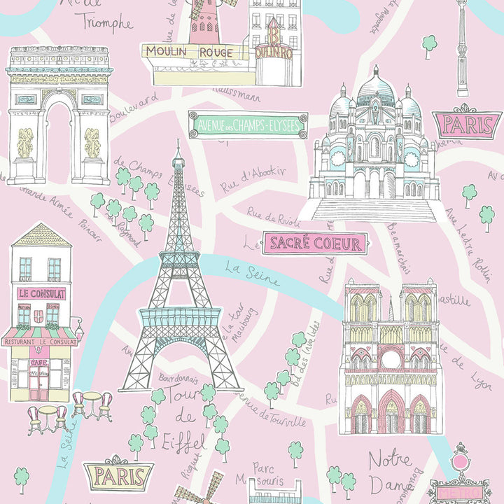 Bon Voyage Bubblegum and Turquoise by Seabrook Wallpaper Playdate Adventure United States 56.05 20.87" 20.5" - Fabric Carolina -