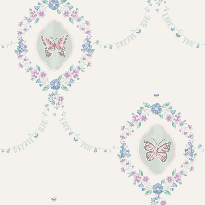 Flutter Butterfly Pink, Teal, and Metallic Silver by Seabrook Wallpaper Playdate Adventure United States 56.05 20.87" 20.5" - Fabric Carolina -