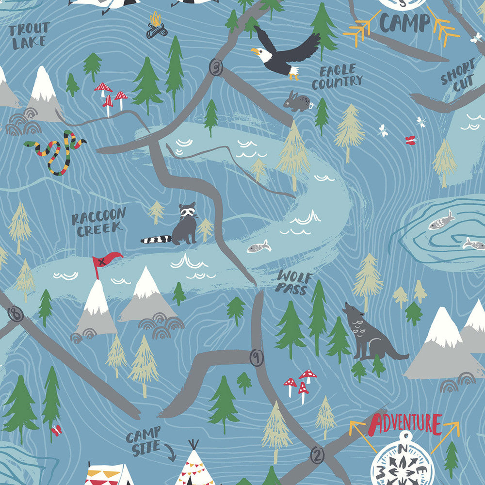 Campground Bluebird by Seabrook Wallpaper Playdate Adventure United States 56.05 20.87" 20.5" - Fabric Carolina -