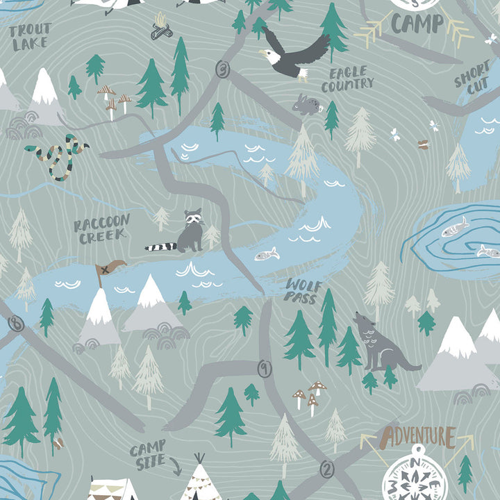 Campground Steel Gray by Seabrook Wallpaper Playdate Adventure United States 56.05 20.87" 20.5" - Fabric Carolina -