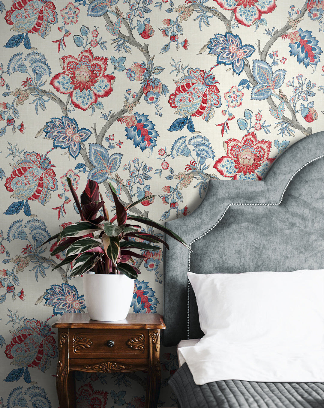 Bernadette Jacobean French Blue & Antique Ruby FC60401 by Seabrook Designs Designer Wallpaper