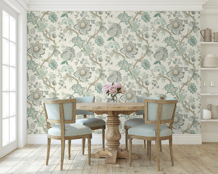 Bernadette Jacobean Summer Sky & French Blue FC60408 by Seabrook Designs Designer Wallpaper