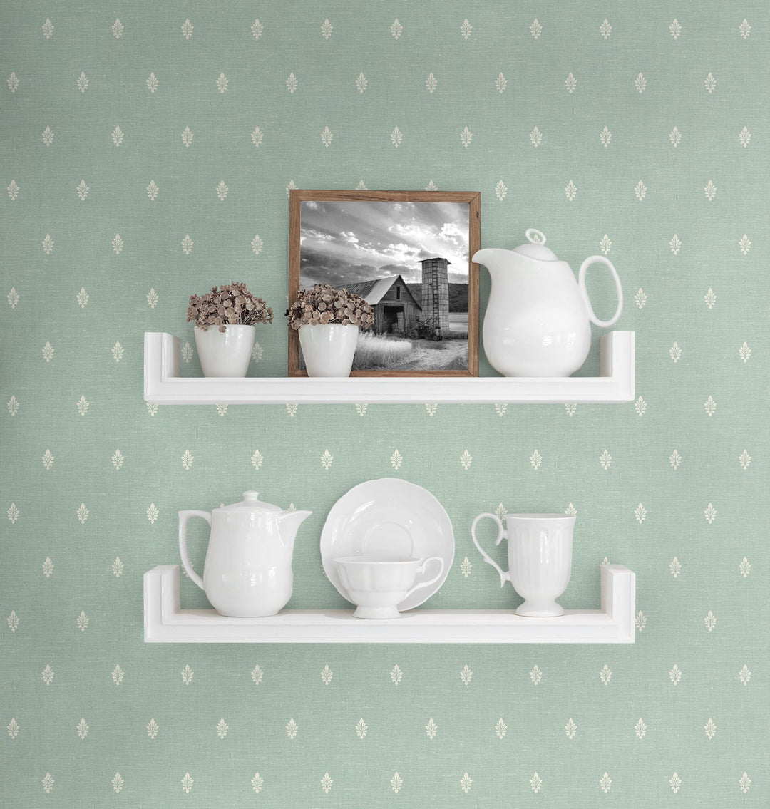 Petite Feuille Sprig Minty Meadow FC60612 by Seabrook Designs Designer Wallpaper