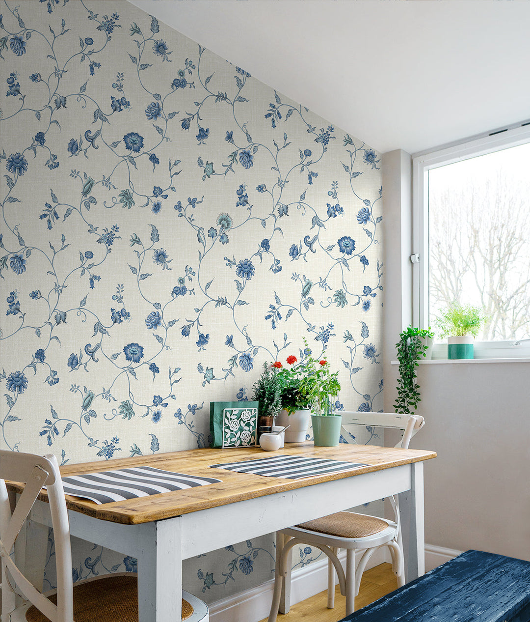 Florale Trail French Blue FC61002 by Seabrook Designs Designer Wallpaper