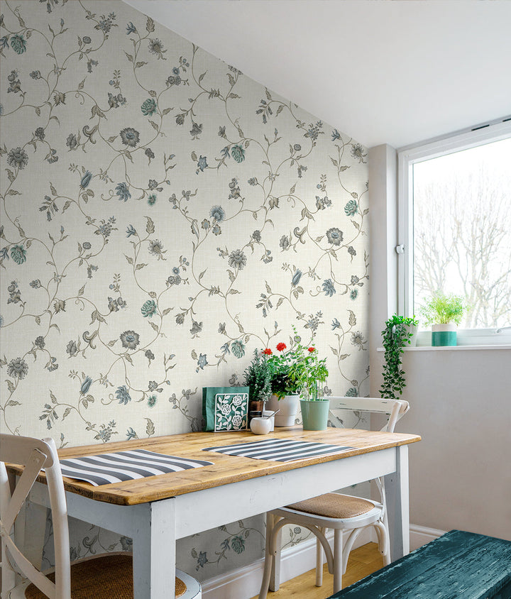 Florale Trail Bisque Bleu & French FC61008 by Seabrook Designs Designer Wallpaper