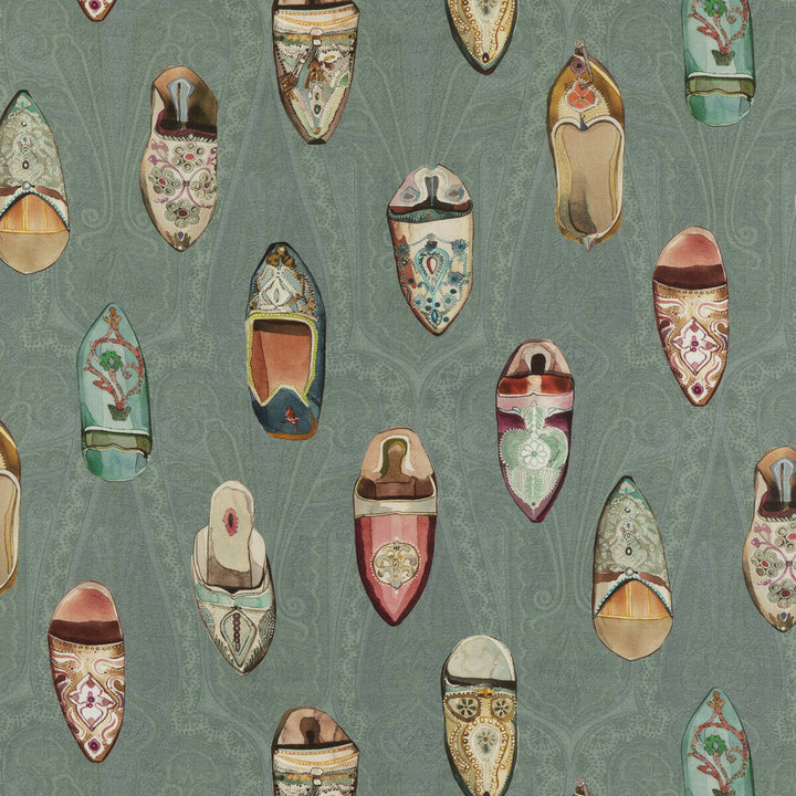 Babouches Teal by Mulberry Designer Fabric MULBERRY LONG WEEKEND LINEN - 100% Austria Horizontal: 57.918 and Vertical: 34.672 57.918 - Swanky Fabrics -