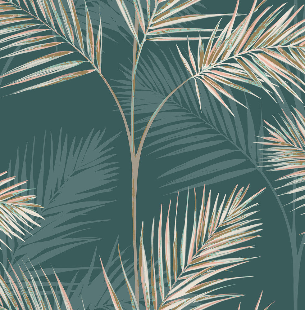 South Beach Evergreen Fronds Wallpaper by Fine Decor Medley Covers about 56.4 square feet Great Britain Unpasted 20.5-in repeat, drop match 20.5-in by 33-ft long roll - Fabric Carolina -