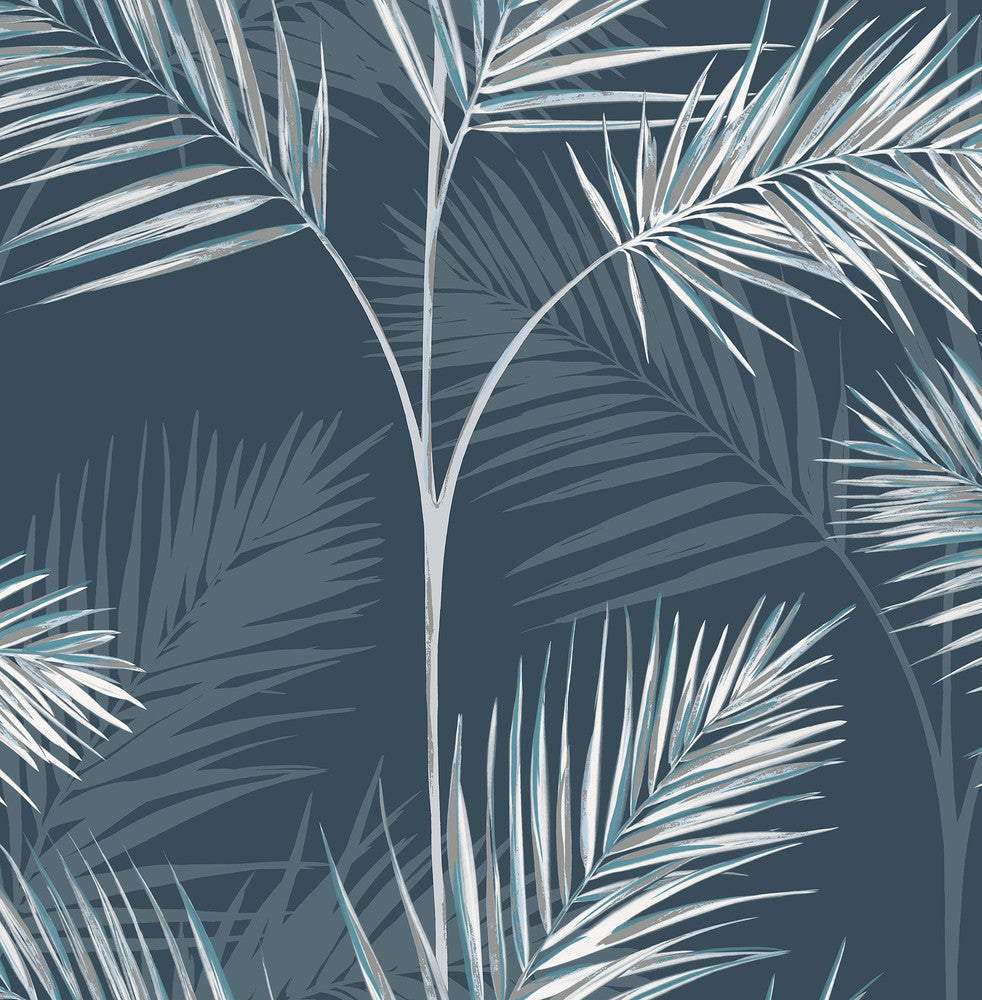 South Beach Navy Fronds Wallpaper by Fine Decor Medley Covers about 56.4 square feet Great Britain Unpasted 20.5-in repeat, drop match 20.5-in by 33-ft long roll - Fabric Carolina -