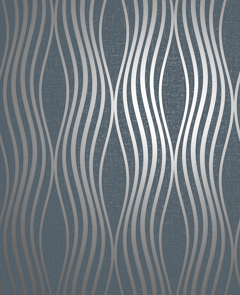 Valor Navy Wave Wallpaper by Fine Decor Medley Covers about 56.4 square feet Great Britain Unpasted 12.6-in repeat, straight match 20.5-in by 33-ft long roll - Fabric Carolina -