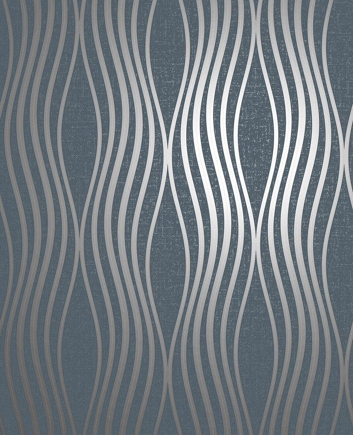 Valor Navy Wave Wallpaper by Fine Decor Medley Covers about 56.4 square feet Great Britain Unpasted 12.6-in repeat, straight match 20.5-in by 33-ft long roll - Fabric Carolina -