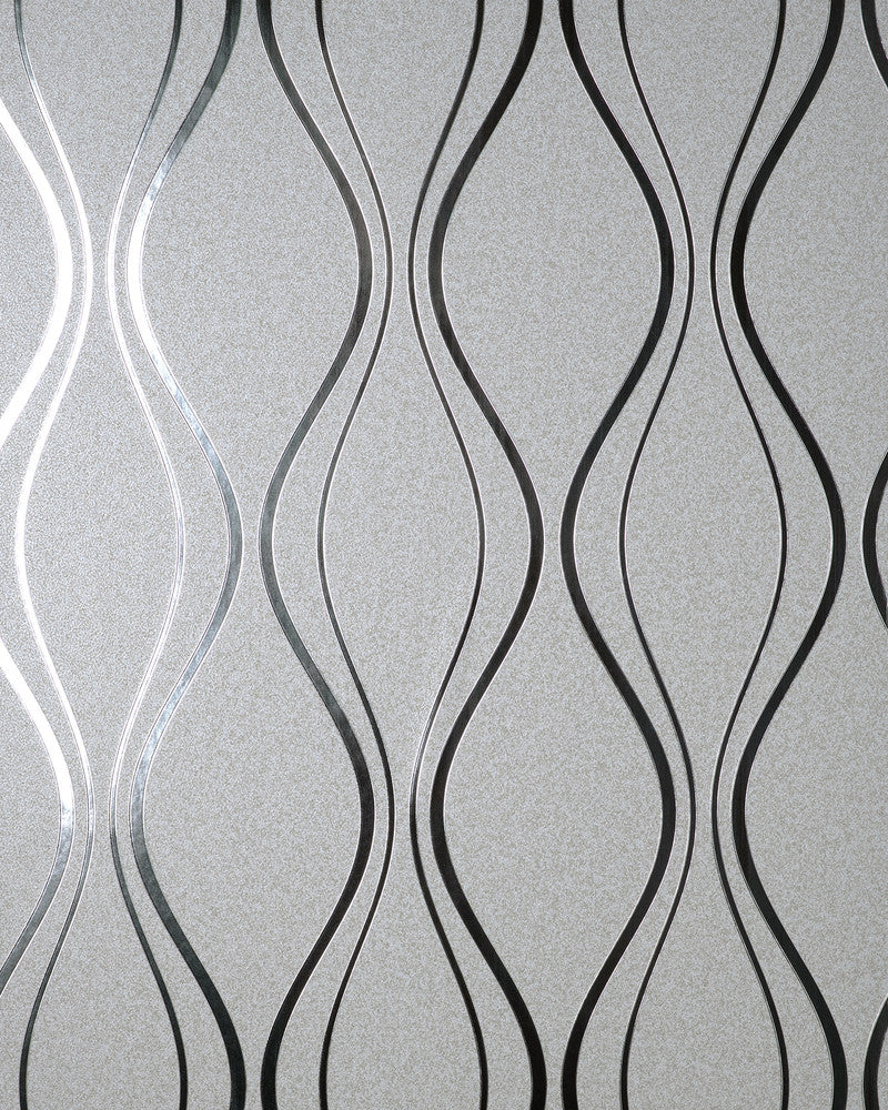 Odie Silver Contour Wave Wallpaper by Fine Decor Medley Covers about 57.5 square feet China Unpasted 20.9-in repeat, straight match 20.9-in by 33-ft long roll - Fabric Carolina -