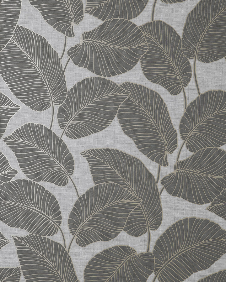 Larson Grey Leaf Wallpaper by Fine Decor Medley Covers about 56.4 square feet Great Britain Unpasted 25.2-in repeat, straight match 20.5-in by 33-ft long roll - Fabric Carolina -