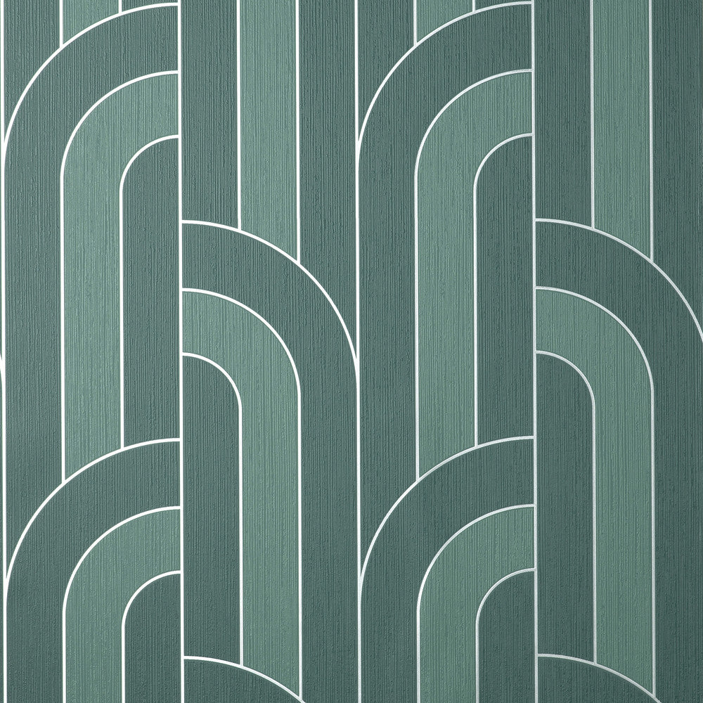 Ezra Teal Arch Wallpaper by Fine Decor Medley Covers about 56.4 square feet Great Britain Unpasted 12.6-in repeat, straight match 20.5-in by 33-ft long roll - Fabric Carolina -