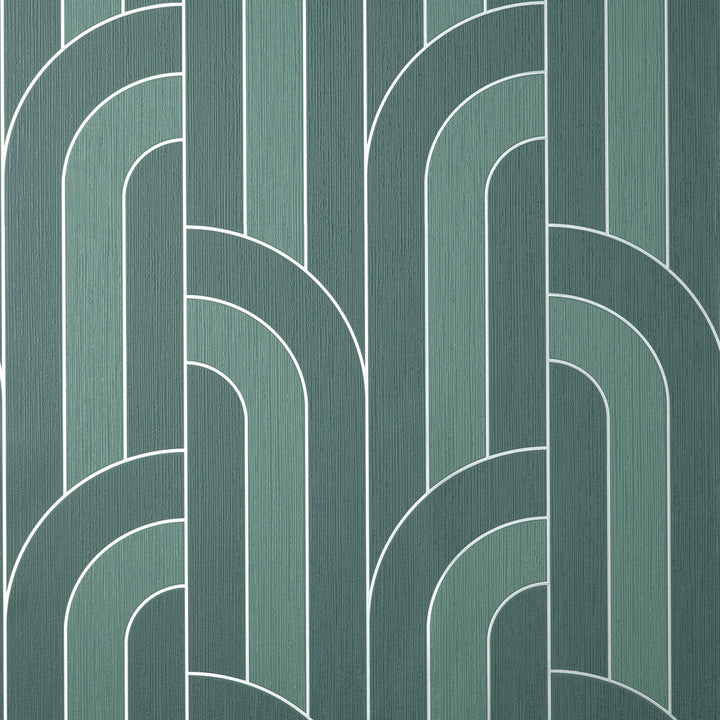 Ezra Teal Arch Wallpaper by Fine Decor Medley Covers about 56.4 square feet Great Britain Unpasted 12.6-in repeat, straight match 20.5-in by 33-ft long roll - Fabric Carolina -