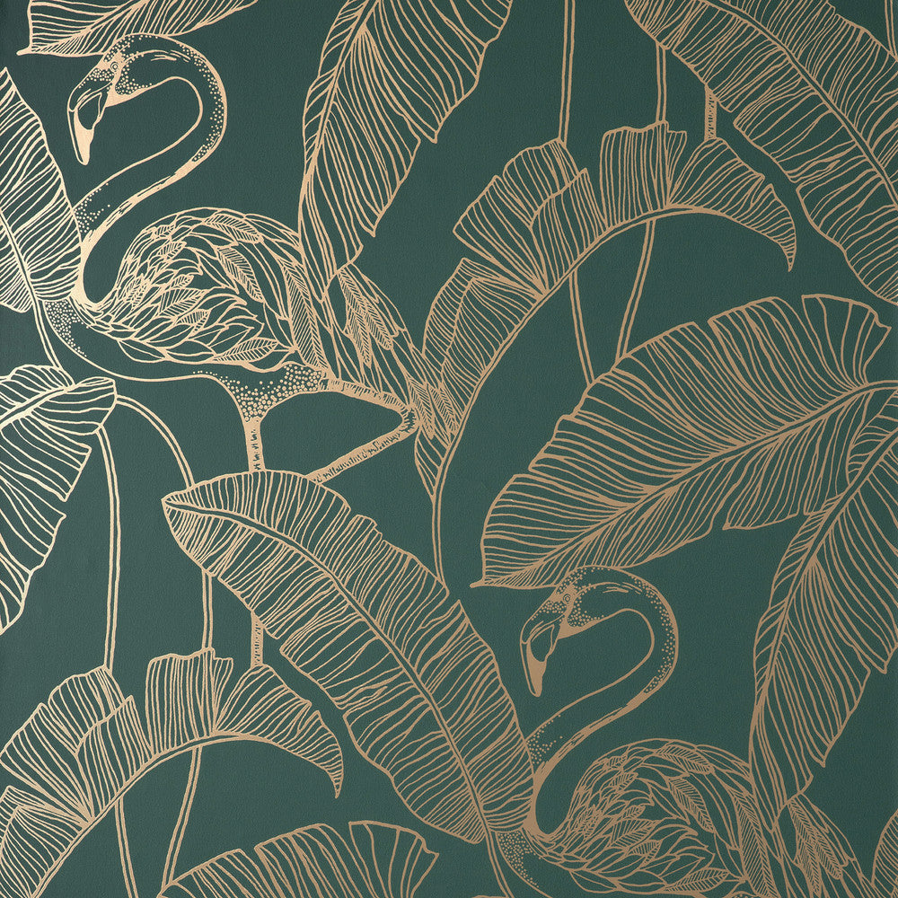 Mulholland Dark Green Flamingo Wallpaper by Fine Decor Medley Covers about 56.4 square feet Great Britain Unpasted 20.86-in repeat, straight match 20.5-in by 33-ft long roll - Fabric Carolina -