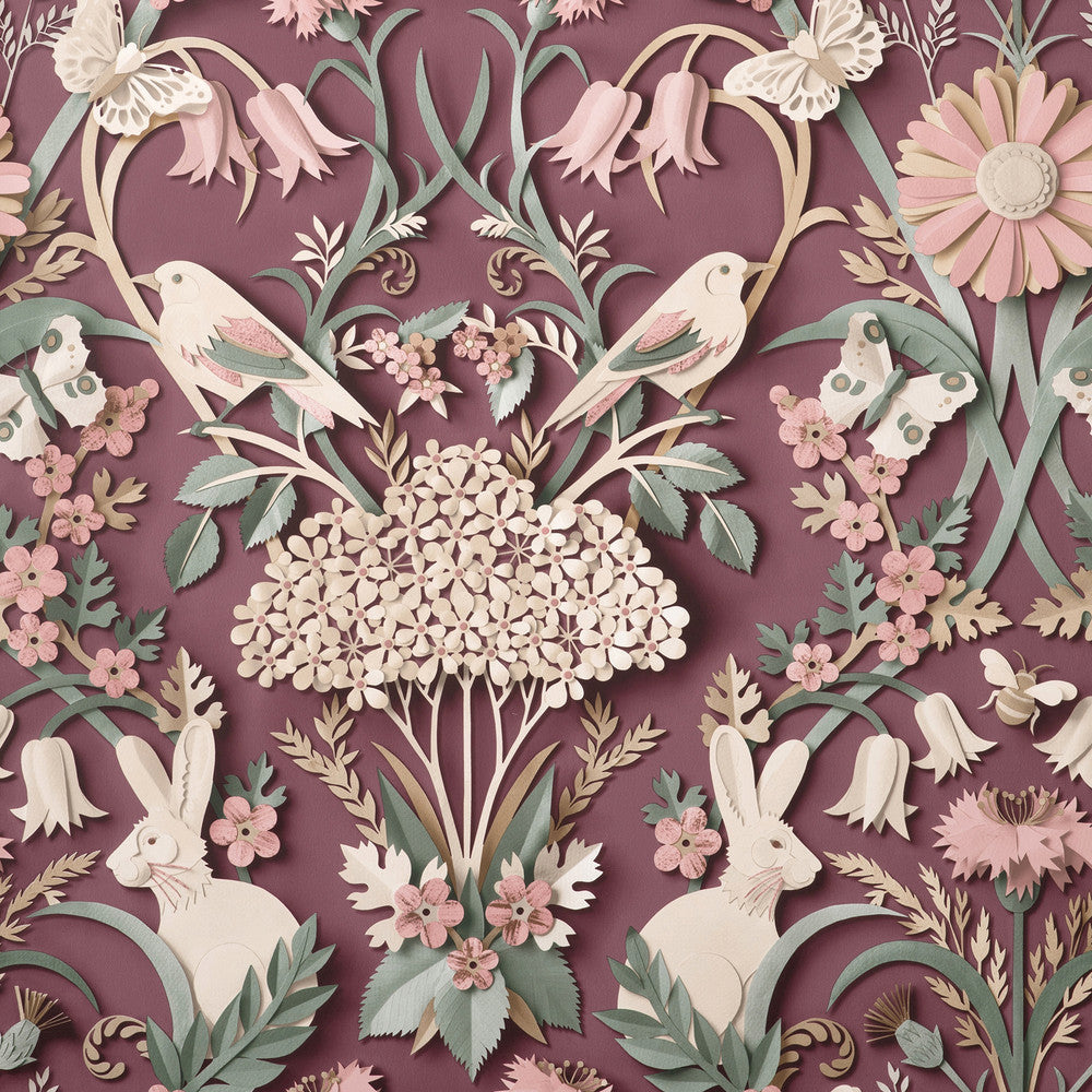 Fae Plum Woodland Wallpaper by Fine Decor Medley Covers about 56.4 square feet Great Britain Unpasted 20.86-in repeat, straight match 20.5-in by 33-ft long roll - Fabric Carolina -