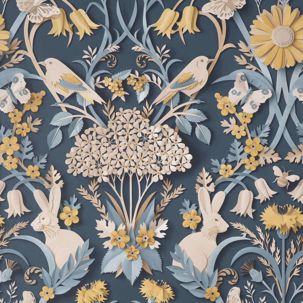 Fae Navy Woodland Wallpaper by Fine Decor Medley Covers about 56.4 square feet Great Britain Unpasted 20.86-in repeat, straight match 20.5-in by 33-ft long roll - Fabric Carolina -
