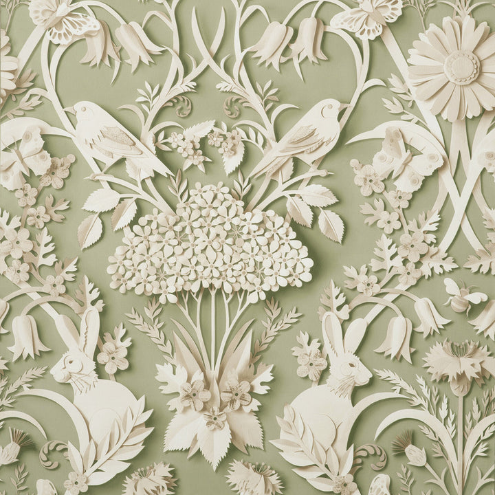 Fae Sage Woodland Wallpaper by Fine Decor Medley Covers about 56.4 square feet Great Britain Unpasted 20.86-in repeat, straight match 20.5-in by 33-ft long roll - Fabric Carolina -