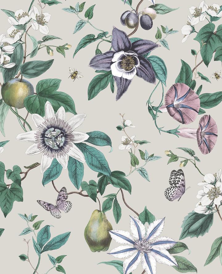 Sierra Silver Floral Wallpaper by Fine Decor Medley Covers about 56.4 square feet Great Britain Unpasted 25.2-in repeat, drop match 20.5-in by 33-ft long roll - Fabric Carolina -
