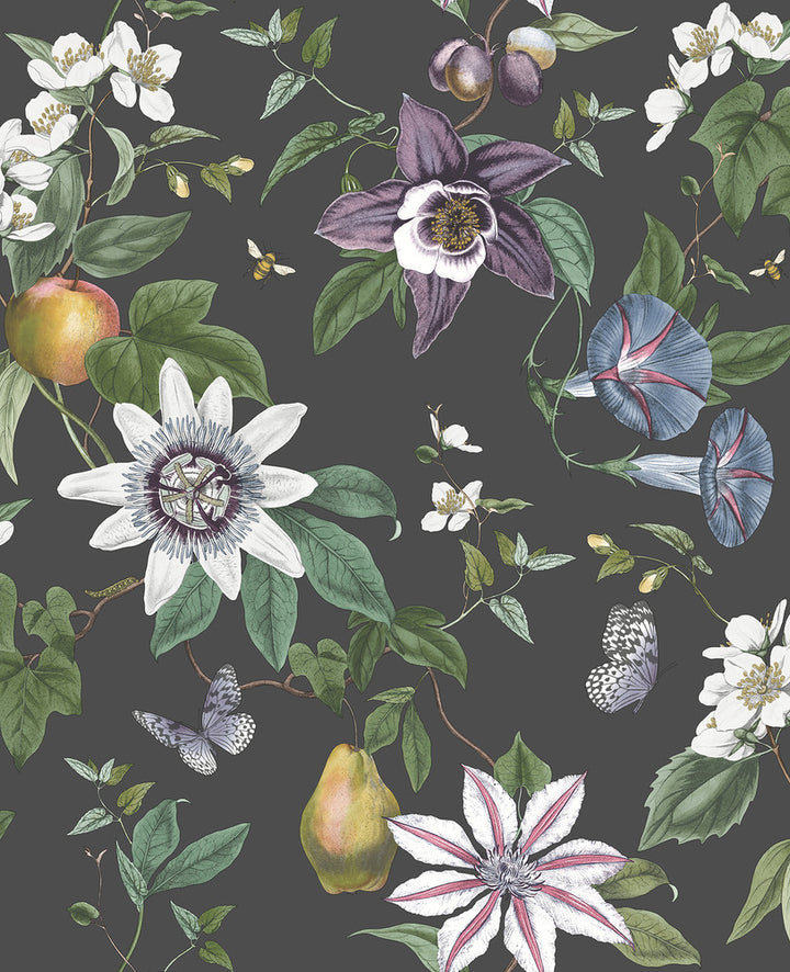 Sierra Black Floral Wallpaper by Fine Decor Medley Covers about 56.4 square feet Great Britain Unpasted 25.2-in repeat, drop match 20.5-in by 33-ft long roll - Fabric Carolina -