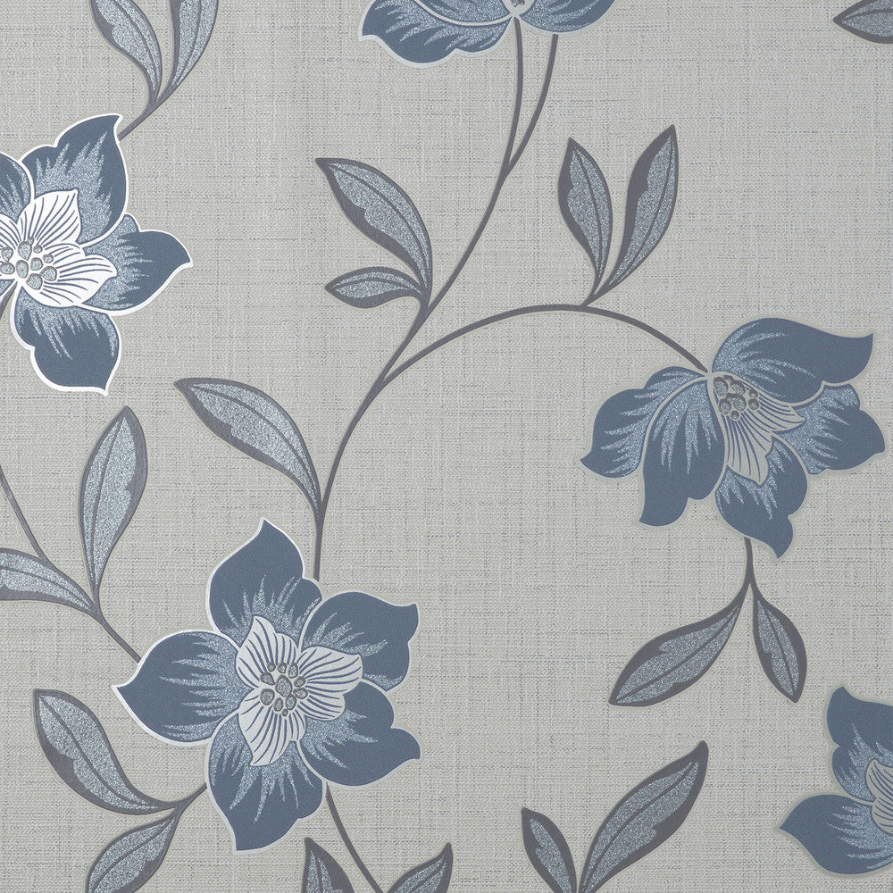 Larson Blue Floral Wallpaper by Fine Decor Medley Covers about 56.4 square feet Great Britain Unpasted 25.2-in repeat, drop match 20.5-in by 33-ft long roll - Fabric Carolina -