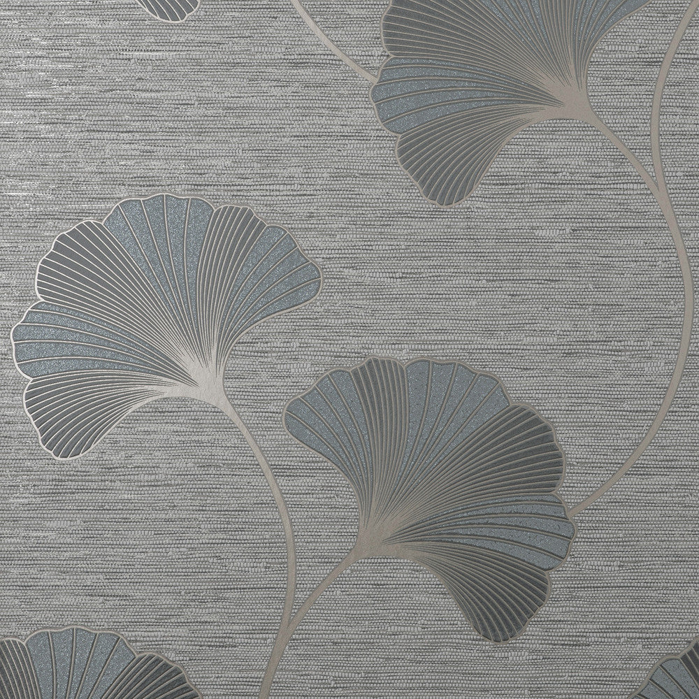 Miya Grey Ginkgo Wallpaper by Fine Decor Medley Covers about 56.4 square feet Great Britain Unpasted 25.2-in repeat, straight match 20.5-in by 33-ft long roll - Fabric Carolina -