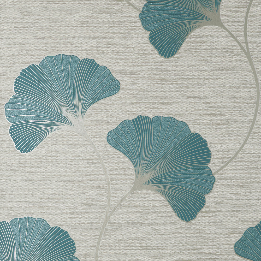 Miya Teal Ginkgo Wallpaper by Fine Decor Medley Covers about 56.4 square feet Great Britain Unpasted 25.2-in repeat, straight match 20.5-in by 33-ft long roll - Fabric Carolina -