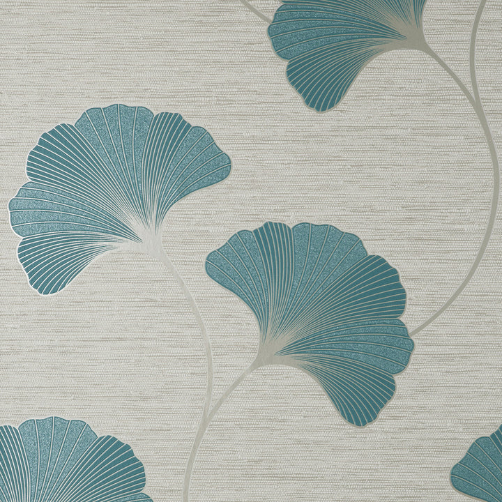 Miya Teal Ginkgo Wallpaper by Fine Decor Medley Covers about 56.4 square feet Great Britain Unpasted 25.2-in repeat, straight match 20.5-in by 33-ft long roll - Fabric Carolina -