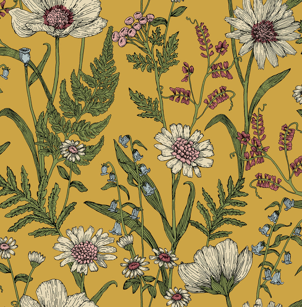 Arden Mustard Wild Meadow Wallpaper by Fine Decor Medley Covers about 56.4 square feet 20.5-in by 33-ft long roll Unpasted 20.9 - Fabric Carolina -