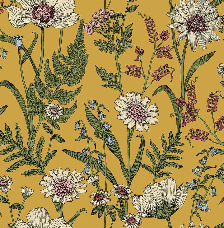 Arden Mustard Wild Meadow Wallpaper by Fine Decor Medley Covers about 56.4 square feet 20.5-in by 33-ft long roll Unpasted 20.9 - Fabric Carolina -