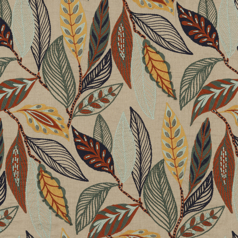 Forest Leaves Indigo/Teal by Mulberry Fabric FESTIVAL LINEN - 100% India MEDIUM Horizontal: 24.822 and Vertical: 29.944 49.644 - Fabric Carolina -