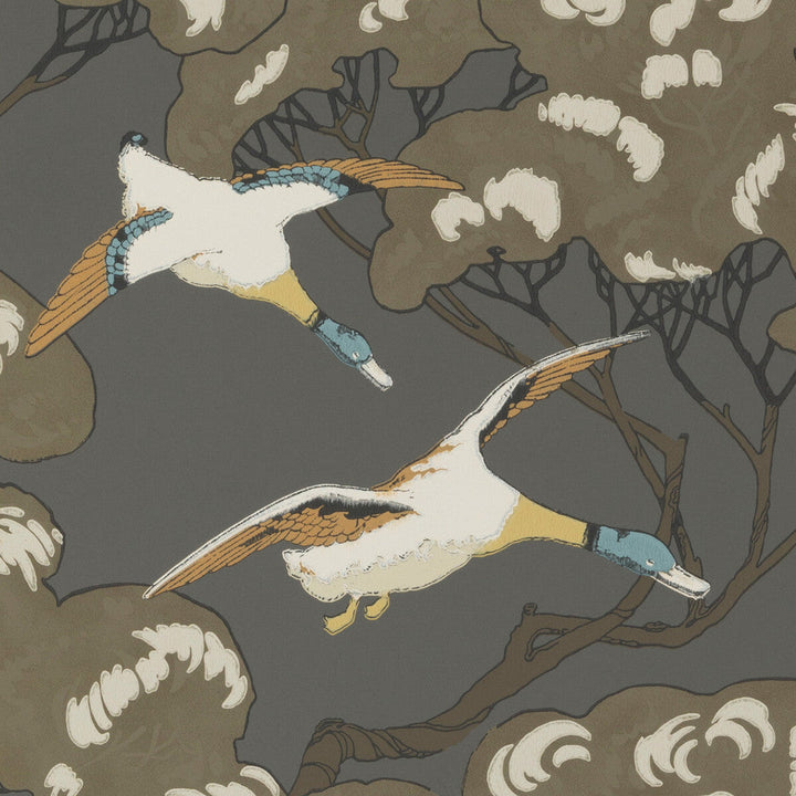 Flying Ducks Charcoal by Mulberry Designer Wallcovering MODERN COUNTRY PAPER - 100% United Kingdom Horizontal: 20.488 and Vertical: 20.882 20.488 - Swanky Fabrics -