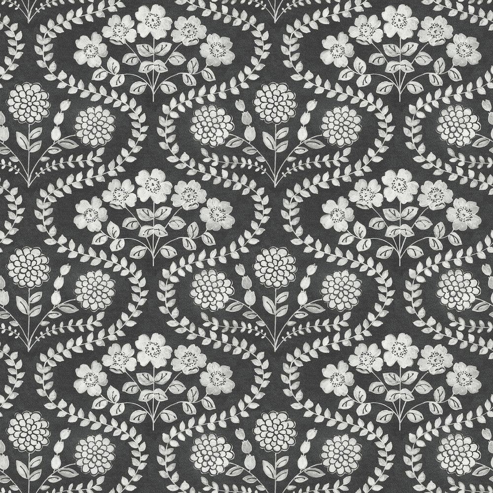 Folksy Floral Black & White Wallpaper by York Wallcoverings Simply Farmhouse Covers about 56.4 square feet 20.5-in by 33-ft long roll Unpasted 20.5 - Fabric Carolina -