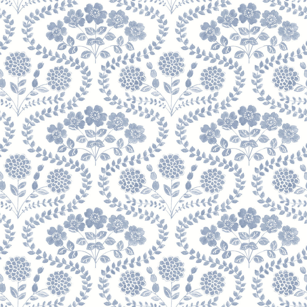 Folksy Floral Blue & White Wallpaper by York Wallcoverings Simply Farmhouse Covers about 56.4 square feet 20.5-in by 33-ft long roll Unpasted 20.5 - Fabric Carolina -