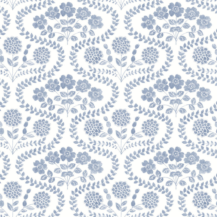 Folksy Floral Blue & White Wallpaper by York Wallcoverings Simply Farmhouse Covers about 56.4 square feet 20.5-in by 33-ft long roll Unpasted 20.5 - Fabric Carolina -