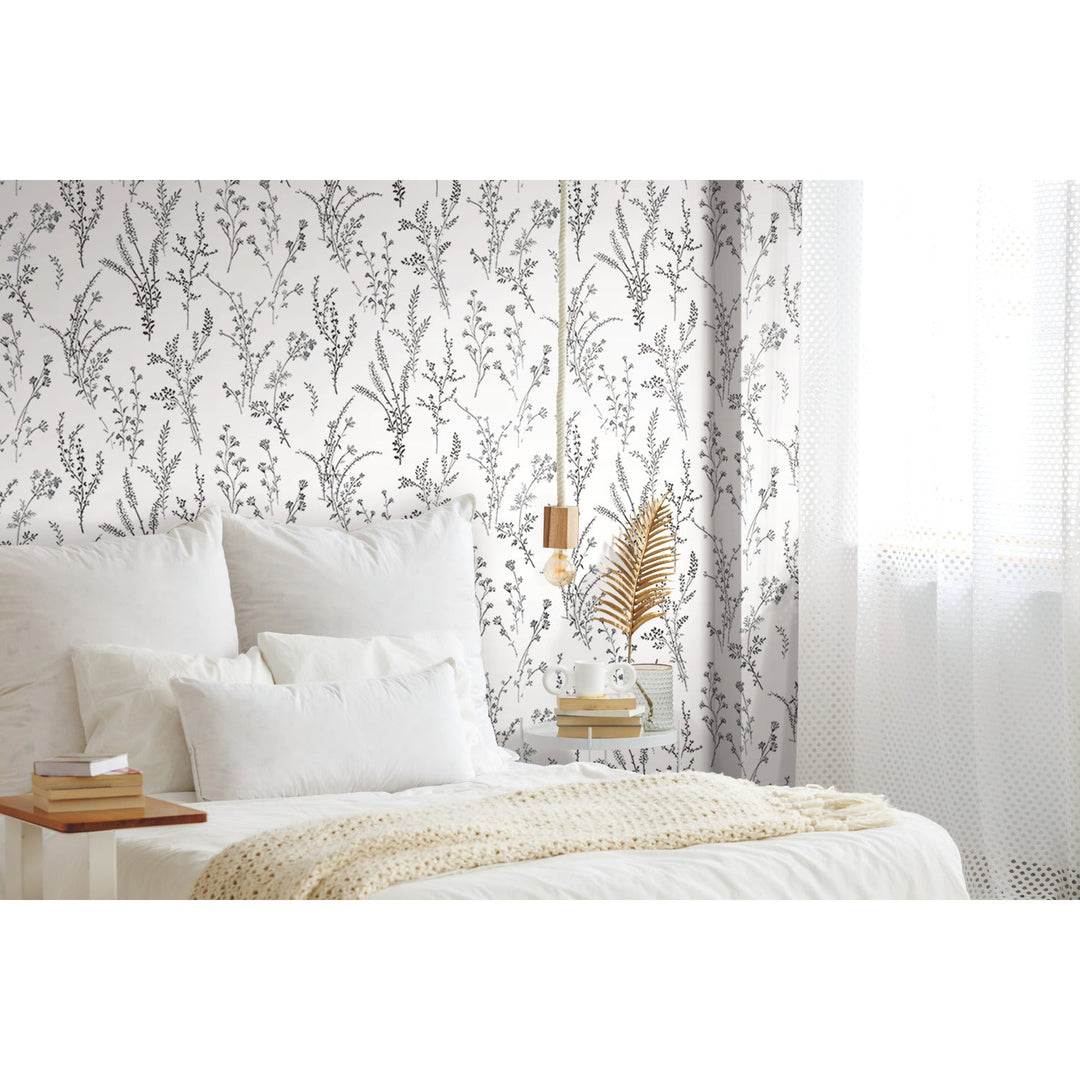 Wildflower Sprigs Black & White Wallpaper by Inspired by Color Designer